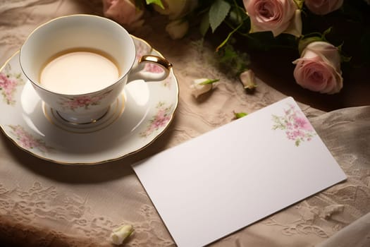 Blank paper and flowers on country rustic wooden table background for printable art, paper, stationery and greeting card mockup idea