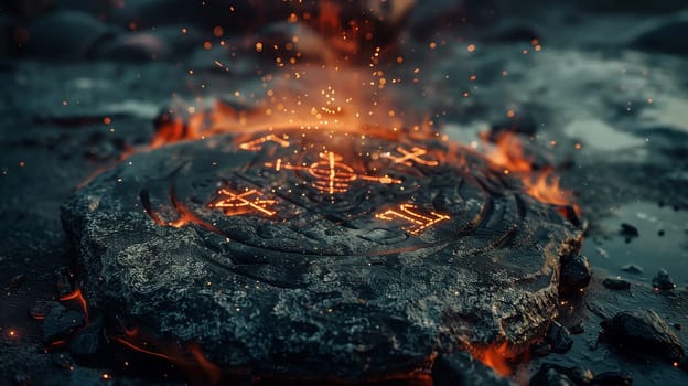 Cinematic dark photo of a mysterious stone with mystical fire symbols