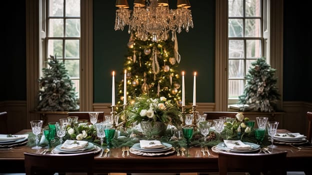 Christmas at the manor, holiday tablescape and dinner table setting, English countryside decoration and festive interior decor