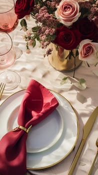 Elegant tablescape, formal dinner table setting with red roses and wine, elegant table decor for wedding, dinner party and holiday event decoration, home styling idea