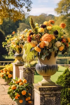 Floral decoration, wedding decor and autumn holiday celebration, autumnal flowers and event decorations in the English countryside garden, country style idea