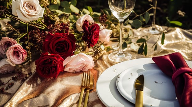 Wedding and event celebration tablescape with flowers, formal dinner table setting with roses and wine, elegant floral table decor for dinner party and holiday decoration, home styling idea