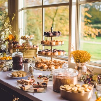 Autumnal dessert buffet table, event food catering for wedding, party and holiday celebration, cakes, sweets and desserts in autumn garden, post-processed, generative ai