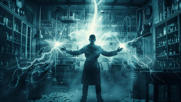 Gloomy photo - A scientist in the laboratory conducts experiments with electricityt. High quality photo