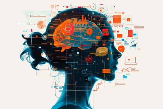 An illustrationAn illustration of a person's brain with AI related concepts integrated into the neural network. of a person's brain with AI related concepts integrated into the neural network.