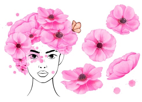 Set of portrait and flowers. Linear portrait of a beautiful young woman. Hairstyle made of pink anemone flowers. Adorned with a butterfly. Symbol of brightness, inspiration. Avatar, diversity.
