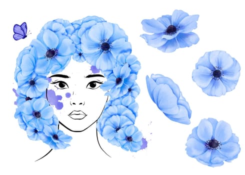 Set of portrait and flowers. Linear portrait of a beautiful young Asian woman. Watercolor. Hairstyle blue anemone flowers with a butterfly. Symbol of freedom and vivacity. Avatar, diversity.