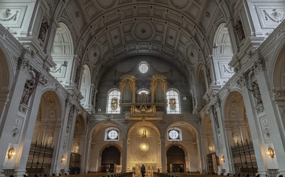 Munich, Germany - Dec 21, 2023 - Interior architecture view of St. Michael's Church (Michaelskirche Jesuit church) in Munich pedestrian zone. It is the largest Renaissance church north of the Alps. Copy space, Selective focus.