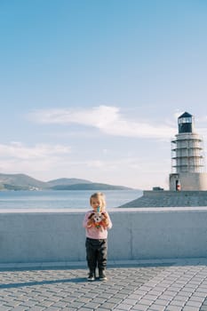 Little girl with a soft toy stands on the pier near the lighthouse. High quality photo