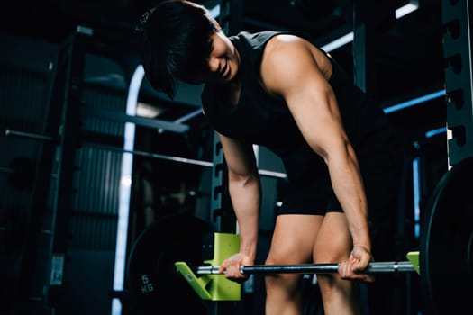 A handsome Asian man holding a barbell and lifting weights for a strength-building workout that showcases his athletic body and determination. power lifting training concept
