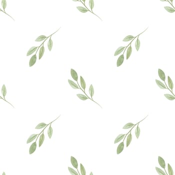 Cute spring soft green twigs with leaves in sketch style. Seamless watercolor pattern for fabric, wallpaper, wrapping paper, packaging cosmetics, tablecloths, curtains and home textiles
