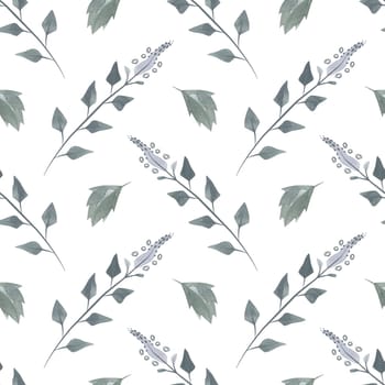 Flowering twigs and leaves of mint or lemon balm in a dusty green color in sketch style. Seamless watercolor pattern for fabric, wallpaper, wrapping paper, packaging cosmetics, tablecloths, curtains and home textiles