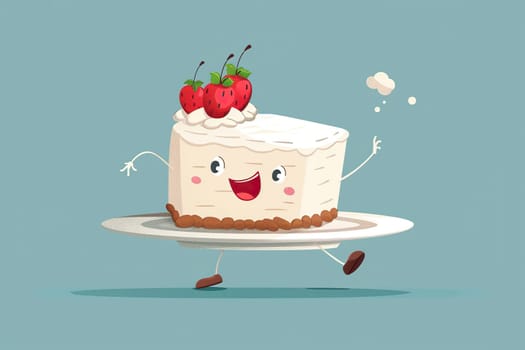 A cheerful piece of cake with white cream and chocolate sponge cake and a strawberry on top runs off the table. The concept of holiday, fun, sweets. Cartoon style.