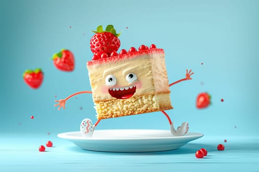 Strawberry cartoon piece of cake with a funny face, arms and legs runs off the plate. Cartoon character of a piece of cake. Cartoon 3D style. Sweets, baking, holiday concept.
