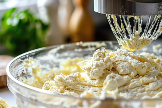A food processor kneads the dough in a metal bowl. Planetary mixer. Kitchen appliances.