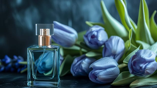 Perfume bottle in flowers, fragrance on blooming background, floral scent and cosmetic product idea