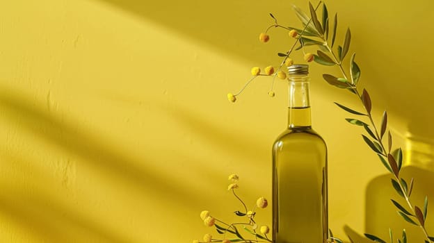 Olive oil bottle ad background with copyspace, vegetable oil commercial produce, food industry and retail concept