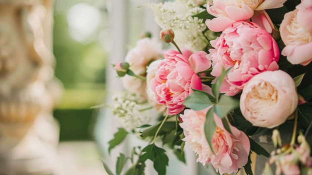 Wedding decoration with peonies, floral decor and event celebration, peony flowers and wedding ceremony in the garden, English country style