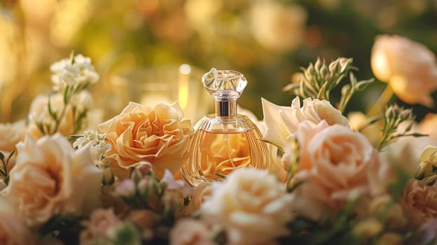 Perfume bottle in flowers, fragrance on blooming background, floral scent and cosmetic product idea