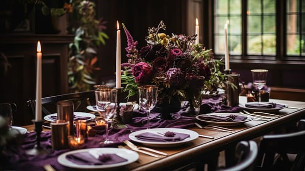 Dinner table setting in the warm glow of candlelight, tablescape featuring floral centerpiece, elegant burgundy glassware, and luxurious gold cutlery, all contributing to a sophisticated dining experience