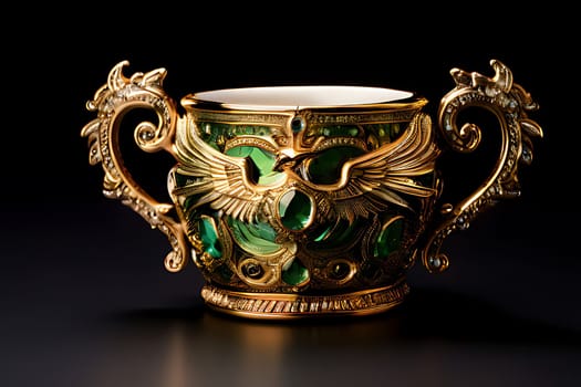 A gold and green cup with a green stone design. High quality photo