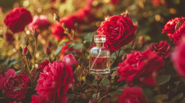 Perfume bottle in flowers, fragrance on blooming background, floral scent and cosmetic product idea