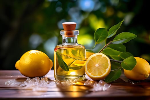 A bottle of lemon oil and lemons. High quality photo