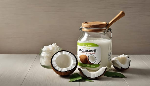 A jar of coconut oil and coconuts. High quality photo