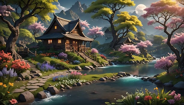 A house on a hill by a river. High quality photo