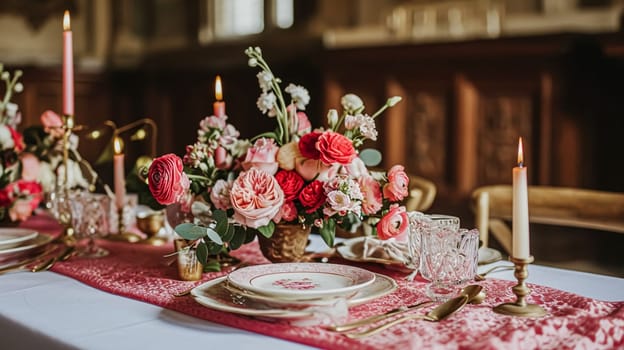 Valentines day tablescape and table decor, romantic table setting with flowers, formal dinner and date, beautiful cutlery and tableware design