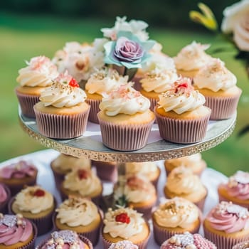 Cupcakes, cakes, scones and muffins and holiday decoration outdoors at the English country style garden, sweet desserts for wedding, birthday or party celebration, post-processed, generative ai