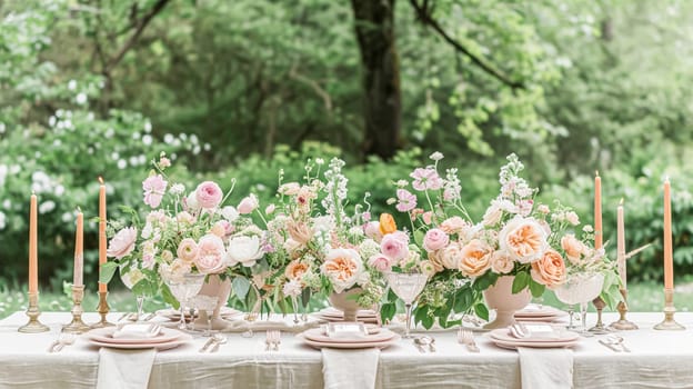 Beautifully set table for a garden party, adorned tablescape with vibrant floral arrangements, under the shade of blossoming rose bushes, inviting a sense of elegance and natural charm