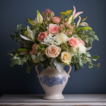 Beautiful bouquet of fresh flowers in a vintage vase, country style home decor and interior design, post-processed, generative ai