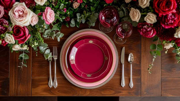 Valentines day tablescape and table decor, romantic table setting with flowers, formal dinner and date, beautiful cutlery and tableware design