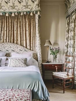 Elegantly appointed bedroom exudes vintage charm with its floral patterned drapery and bedding, complemented by classic furniture and a soft, inviting colour palette, creating a timeless and sophisticated sanctuary