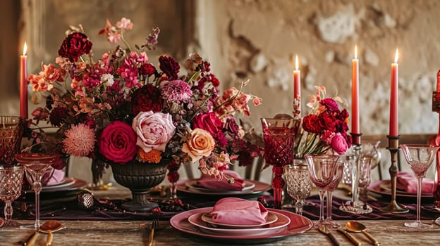 Valentines day tablescape and table decor, romantic table setting with flowers, formal dinner and date, beautiful cutlery and tableware design