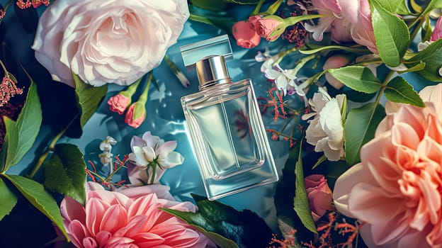 Perfume bottle in flowers, fragrance on blooming background, floral scent and cosmetic product idea