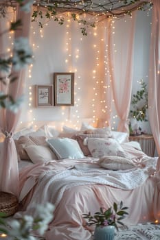 A room with a luxurious canopy bed and enchanting fairy lights suspended from the ceiling. The interior design features wood furniture, aqua accents, and a window overlooking a lush green plant