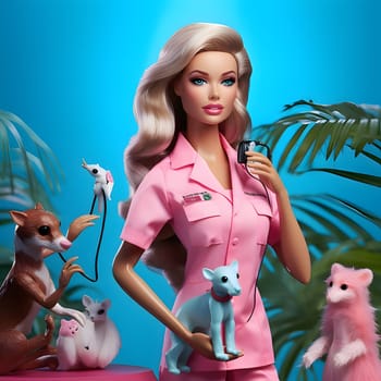 Barbie, dressed in a pink veterinarian outfit, surrounded by adorable animals on a blue background, showcasing her caring and nurturing nature.