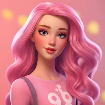 A pink-haired beautiful young girl wearing a stylish Barbie-inspired shirt, exuding charm and confidence.