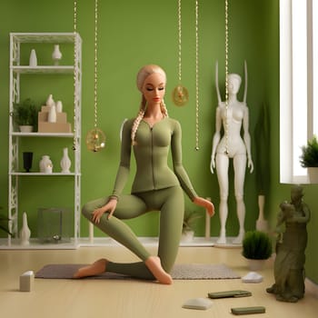 Blonde-haired Barbie gracefully practices yoga in a serene green room, finding balance and harmony.