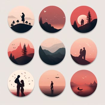 New icons collection: Silhouettes of people in the mountains. Set of round icons.