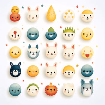 New icons collection: Set of cute kawaii animals faces with different emotions. Vector illustration.
