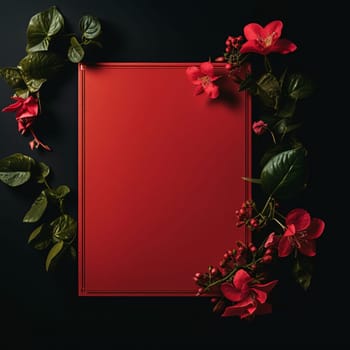 New icons collection: Red frame with red flowers on black background. Flat lay, top view