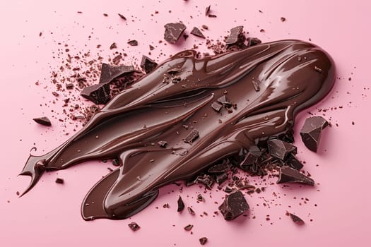 A smear of delicious chocolate with crumbs on a pink background, top view.