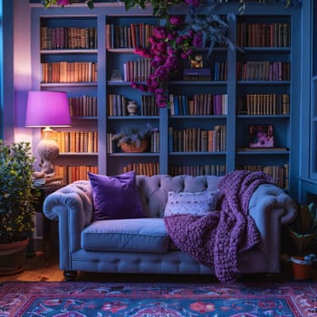 World Book Day: Interior of a cozy living room with a blue sofa, bookshelves, books and flowers. 3d render