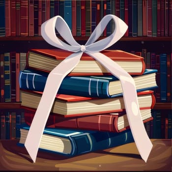 World Book Day: Pile of books with a ribbon in the library. Vector illustration.