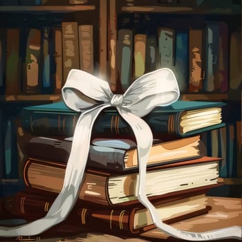 World Book Day: Illustration of a stack of books with a white bow on it