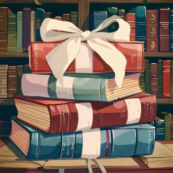 World Book Day: Illustration of a stack of books with a white bow on it