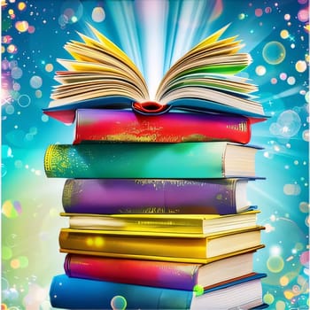 World Book Day: Open book, stack of colorful hardback books on bright colorful bokeh background.